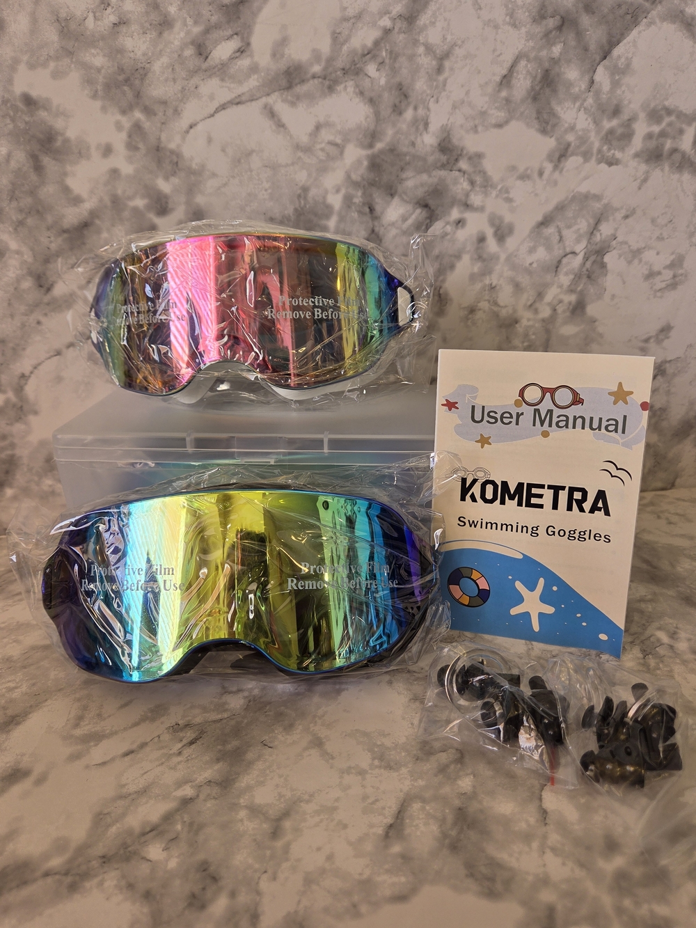 2 Pack Youth Swim Goggles, Anti Fog Wide View Frameless - White, Black Mirrored